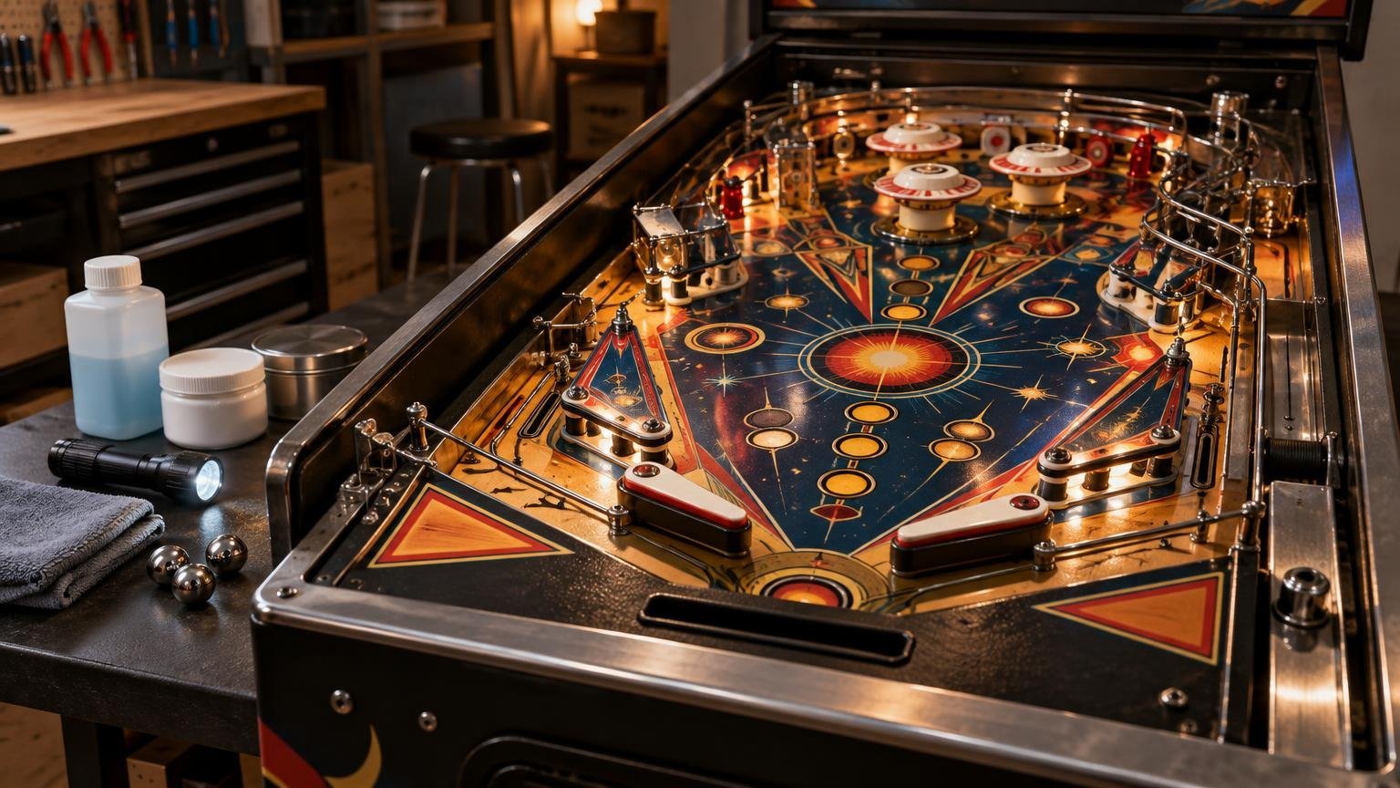 Close view of a space-themed pinball playfield on a workshop bench, with flippers, bumpers, metal rails, loose pinballs, a flashlight, cloths, and unlabelled containers beside it.