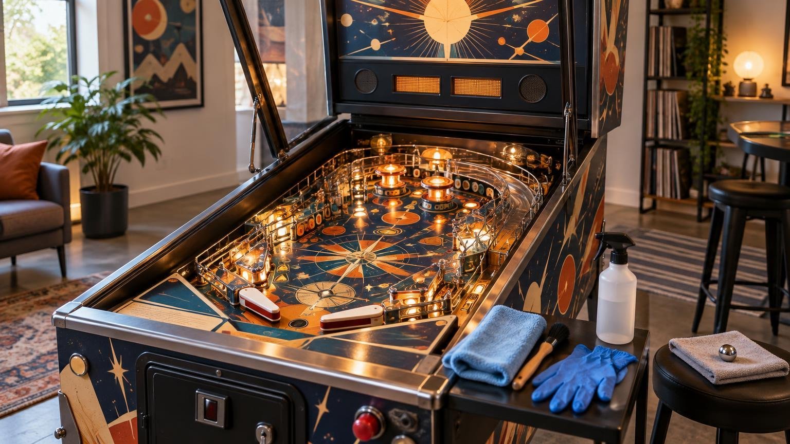 A space-themed home pinball machine with its glass raised, lit playfield exposed, and a microfiber cloth, brush, gloves, spray bottle, and pinball placed nearby for cleaning.