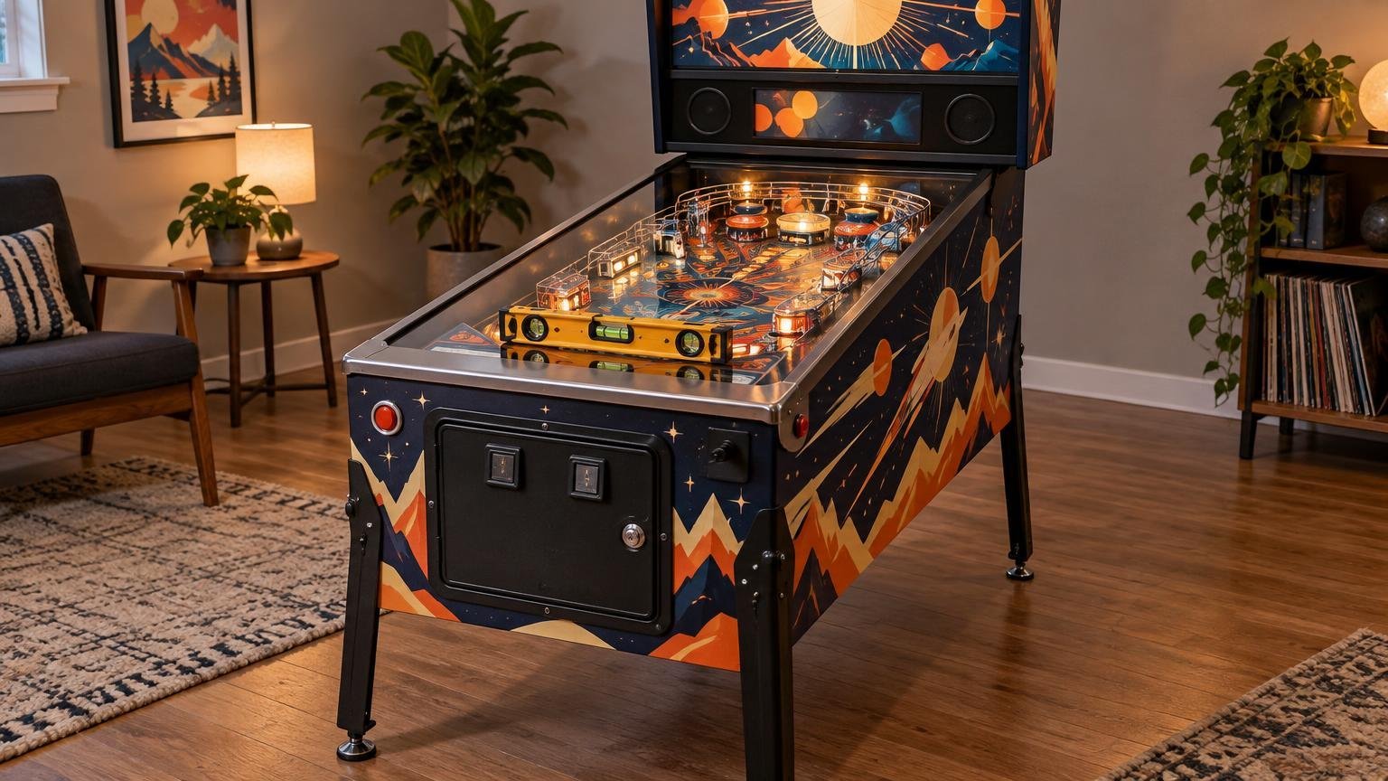 A fictional space-themed pinball machine in a warmly lit home game room, with a yellow spirit level placed across the lower playfield under the glass.