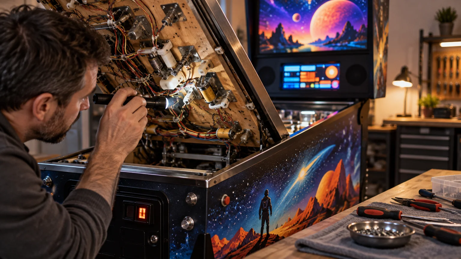 Technician using a flashlight to inspect wiring and mechanisms beneath the raised playfield of a fictional space-themed pinball cabinet, with hand tools on a nearby workbench.