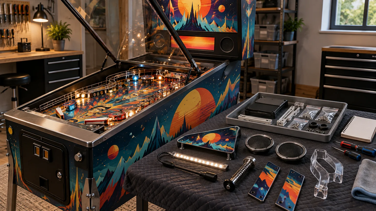 Fictional space-themed pinball machine with its playfield glass raised in a workshop, beside a padded table holding removable speakers, LED lighting, clear plastic protectors, hardware, tools, and a painted topper.
