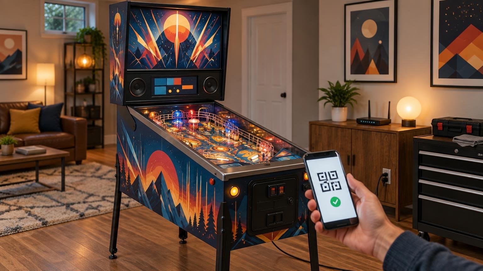 Fictional mountain-themed pinball cabinet in a warm home game room, with a hand holding a smartphone showing a QR code and green check mark beside the machine.