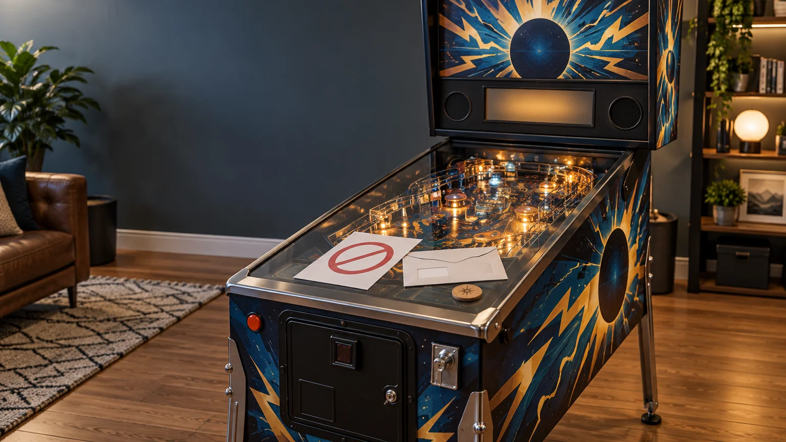 A fictional blue-and-gold pinball machine in a home game room, with a blank envelope and a paper marked by a red prohibition symbol resting on its glass playfield.