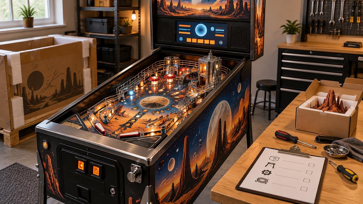 Fictional space-themed pinball machine in a workshop, with a glowing playfield, blank-style electronic display, tools, packing boxes, and a checklist on a workbench.