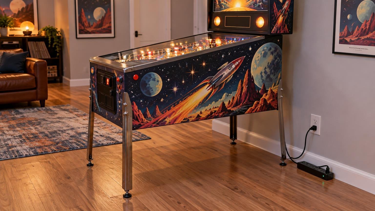 A full-size pinball machine with colorful original space-and-rocket cabinet artwork stands in a warmly lit home game room, with a black surge protector on the hardwood floor beside a wall outlet and power cords running toward the machine.