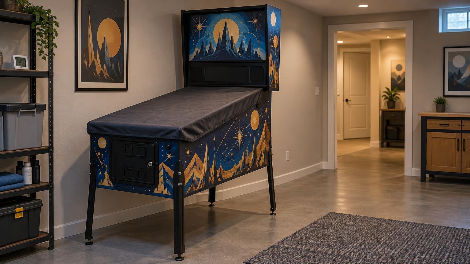 Covered full-size pinball machine with blue-and-gold mountain and moon artwork standing in a tidy home basement or game-room area beside storage shelving.