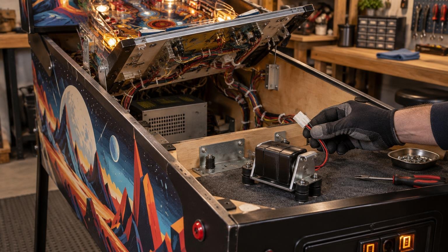 A gloved hand holds a white wiring connector beside a black shaker motor mounted inside an open pinball cabinet, with the raised playfield, bundled wiring, tools, and a space-themed painted side panel visible in a workshop.