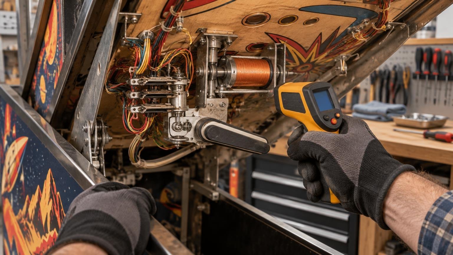 Gloved hands use a handheld infrared thermometer to inspect a copper coil and flipper mechanism beneath a raised pinball playfield in a workshop.