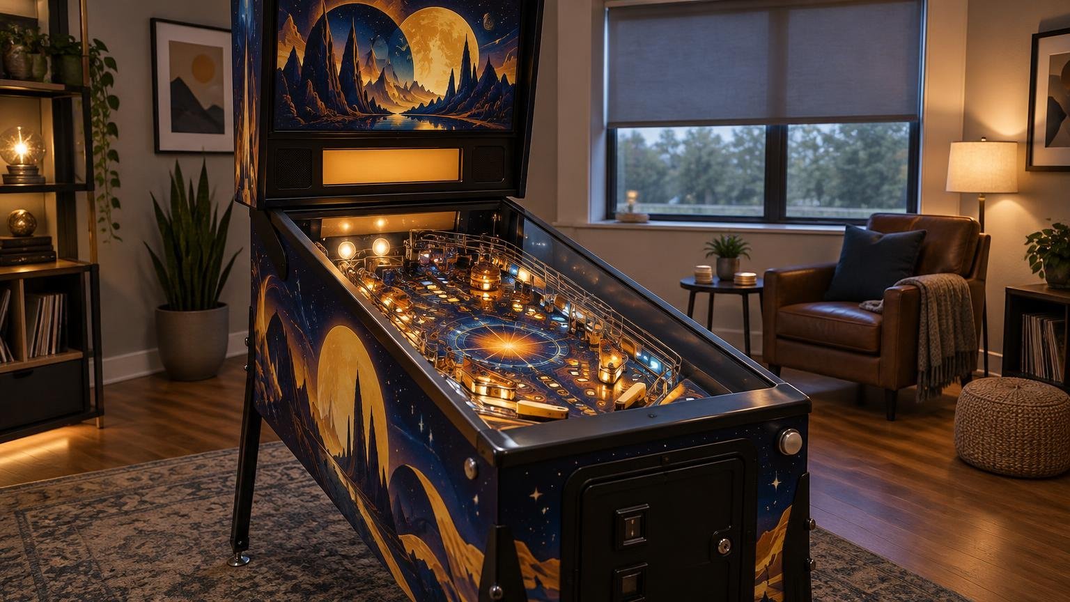 Full-size fictional pinball machine with moonlit fantasy cabinet art in a warmly lit home game room, positioned near a window with a lowered blind and a floor lamp; bright room lights reflect across the playfield glass.