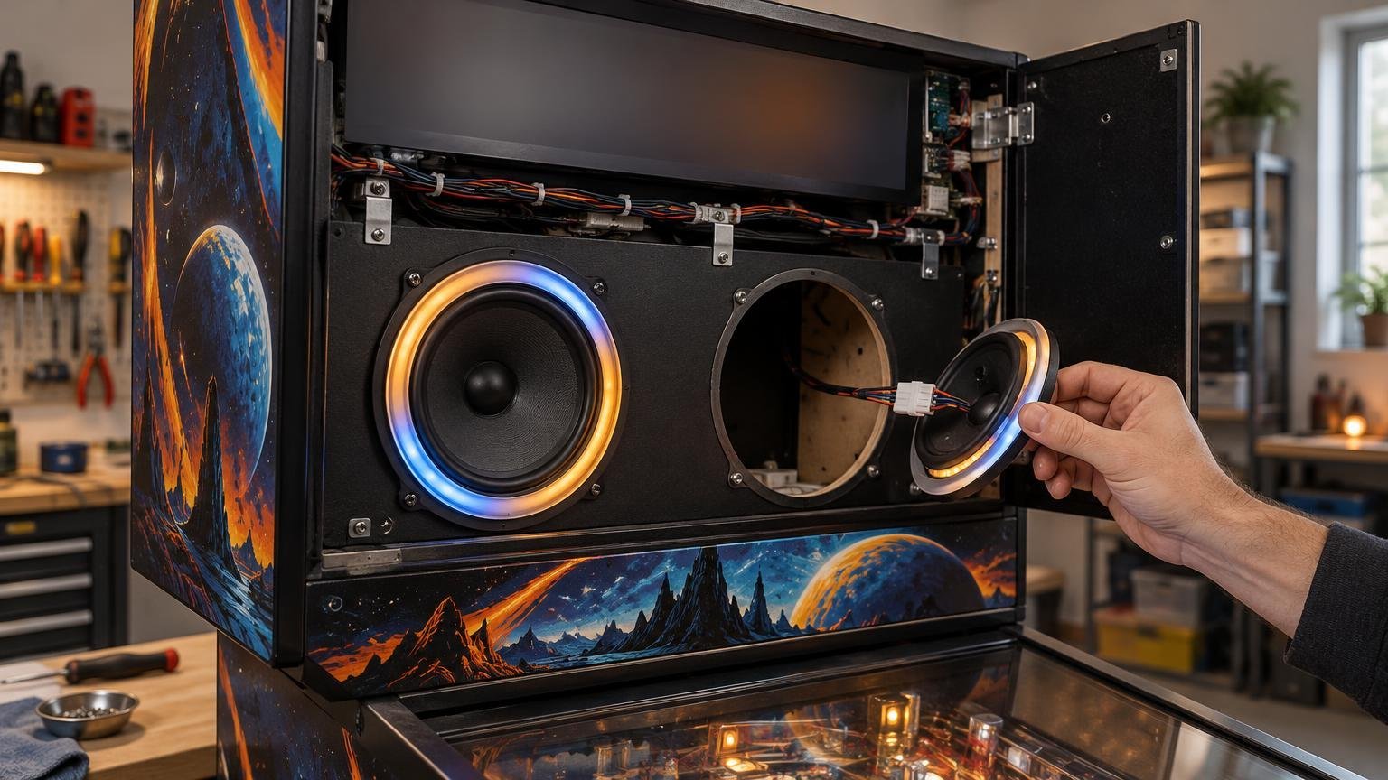 Open pinball backbox in a workshop, with one LED-ring speaker installed and a hand holding a second wired speaker near its empty mounting opening.