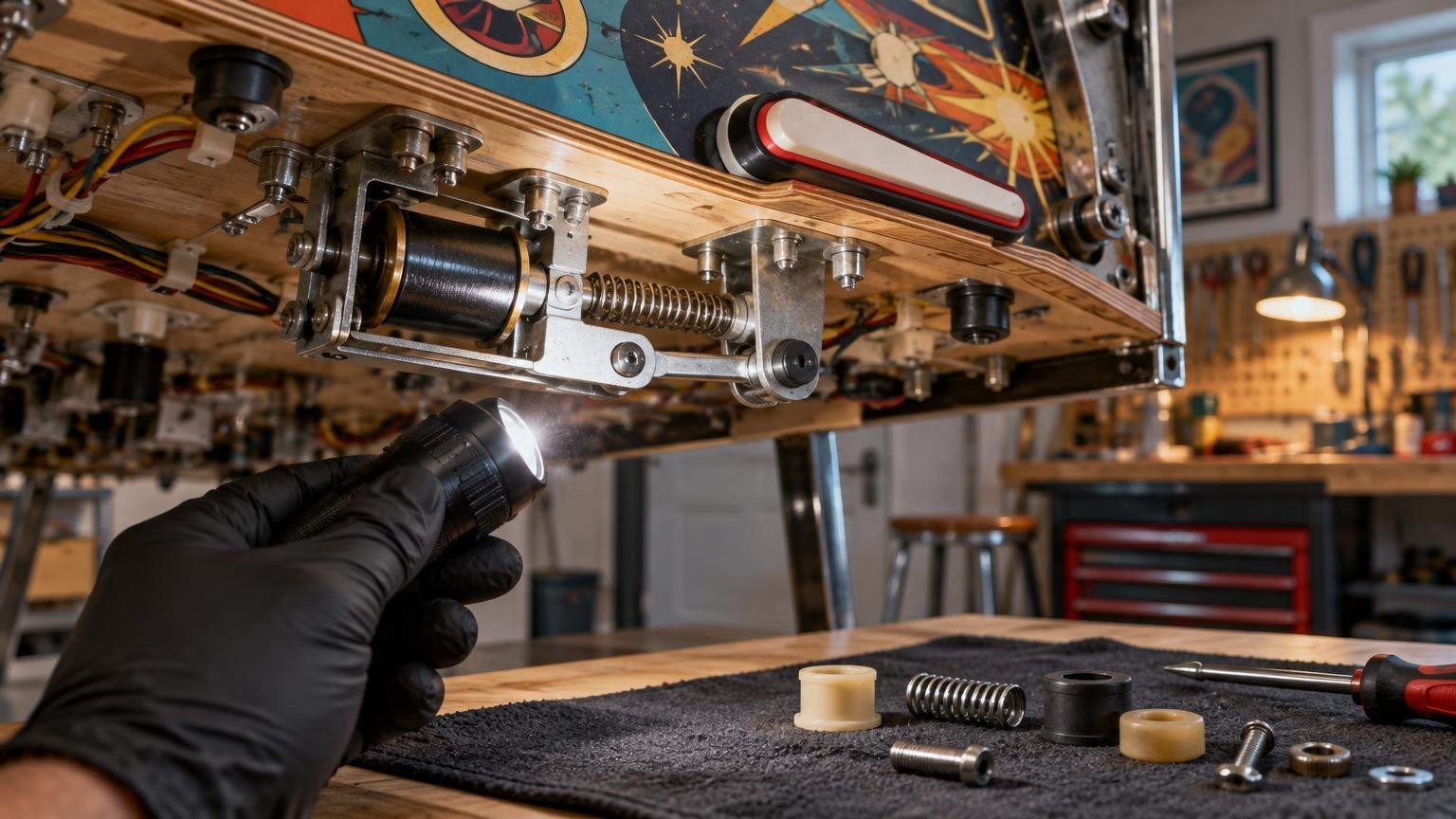 Gloved hand shines a flashlight at the underside of a pinball playfield, showing a flipper mechanism with coil, linkage, spring, wiring, and a white-and-red flipper above; small bushings, fasteners, and a screwdriver rest on a padded work surface below.