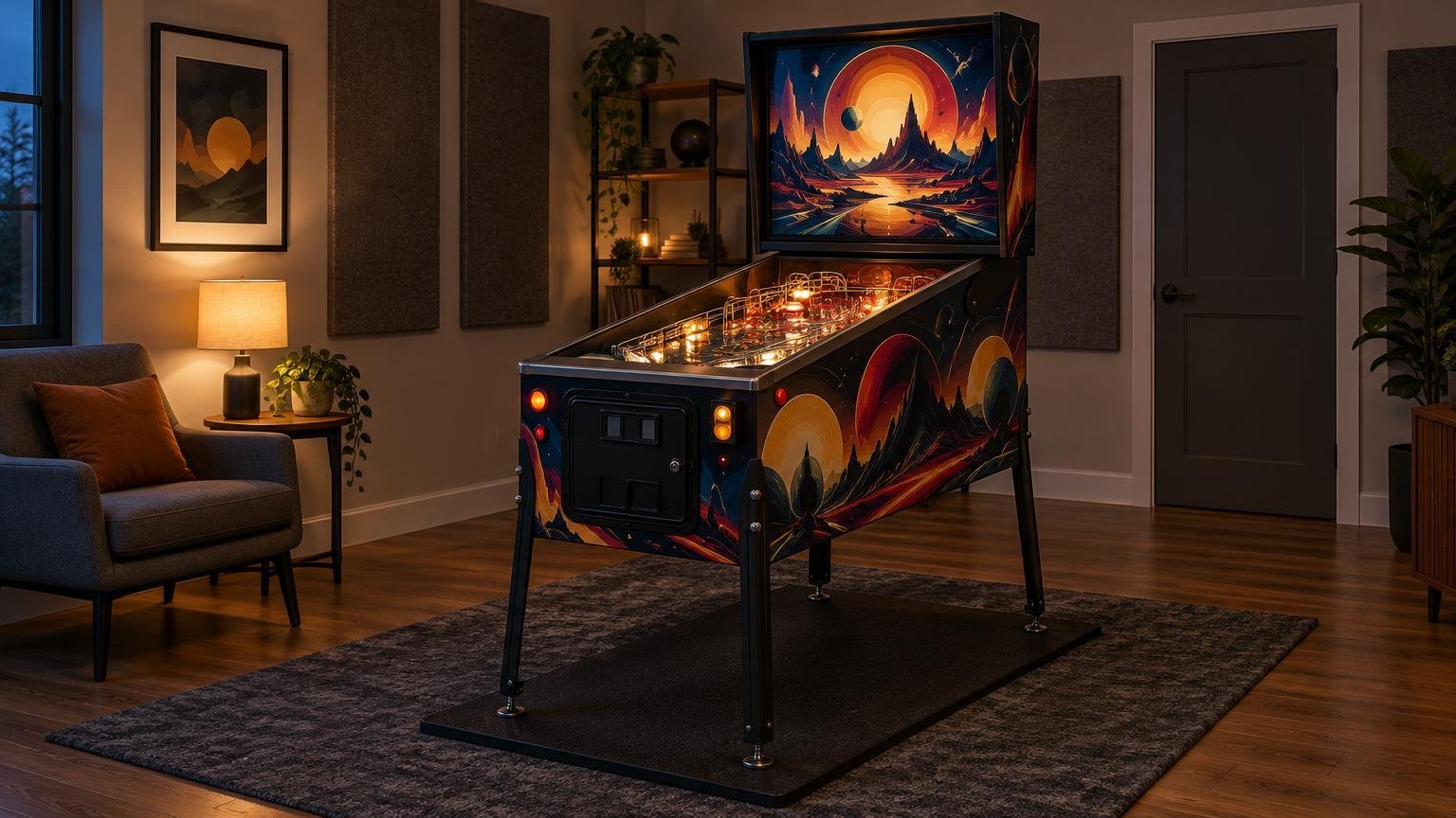 A full-size pinball machine with colorful space-themed artwork stands on a large black floor mat in a warmly lit home room, surrounded by acoustic wall panels, a chair, shelving, and plants.
